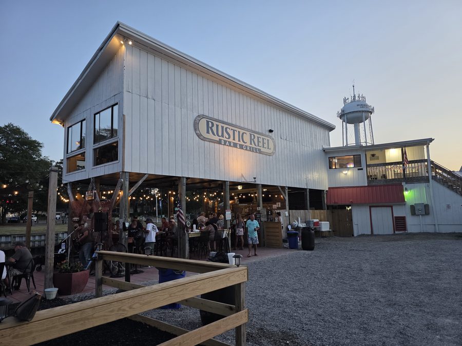 A busy night on the waterfront deck at Rustic Reel